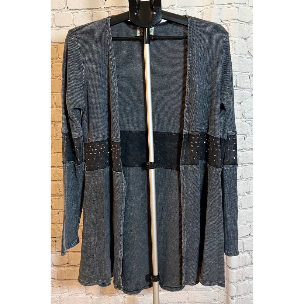 Vocal Charcoal Grey Waffle Knit Studded Mesh Open Front Cardigan Large